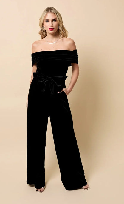 Selene Bow Detail Bardot Jumpsuit (Black Velvet)