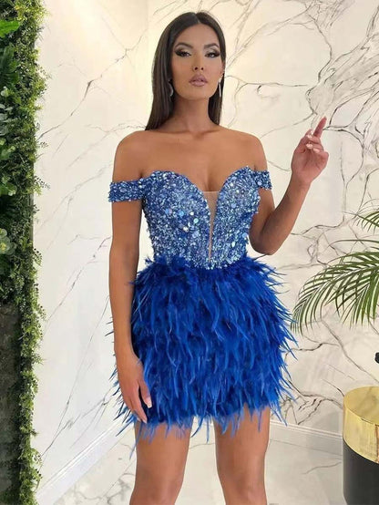 Sequin Feather Off-Shoulder Mini Dress
