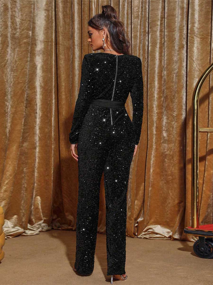 Sequin Long Sleeve Tie-Waist Jumpsuit with Bow Detail
