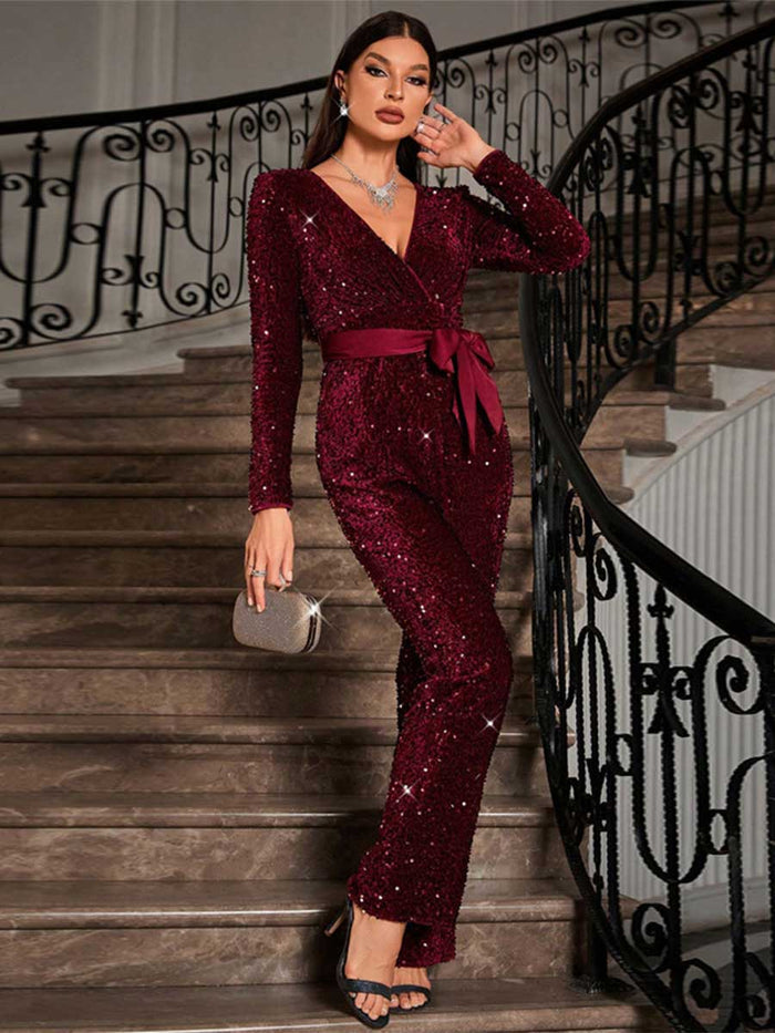 Sequin Long Sleeve Tie-Waist Jumpsuit with Bow Detail