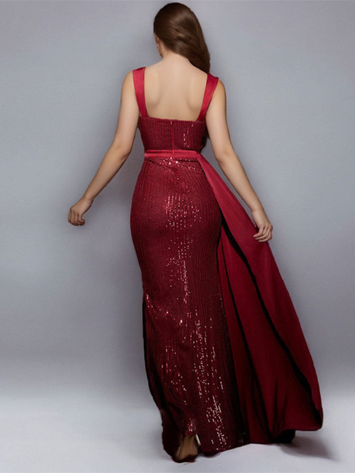 Sequin Mermaid Gown with Waist Cape and Front Slit
