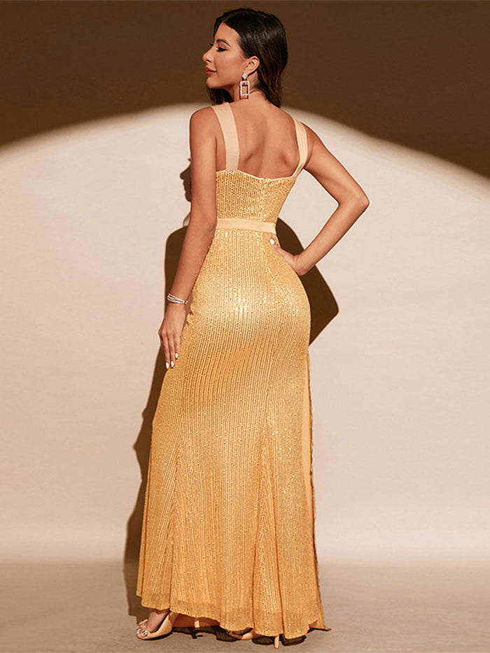 Sequin Mermaid Gown with Waist Cape and Front Slit