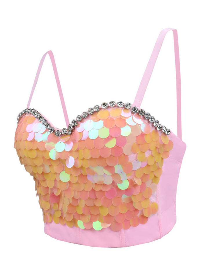 Sequin Rhinestone Corset Top with Adjustable Straps