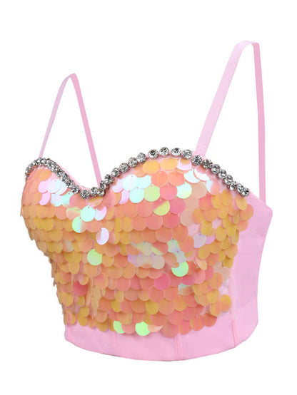 Sequin Rhinestone Corset Top with Adjustable Straps