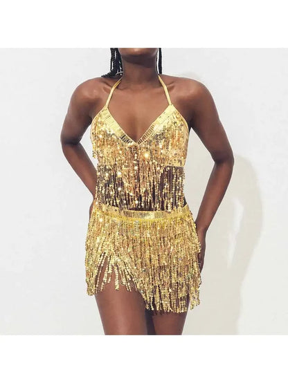 Sequin Tassel Two Piece Sets - Bra Top & Mini Skirt