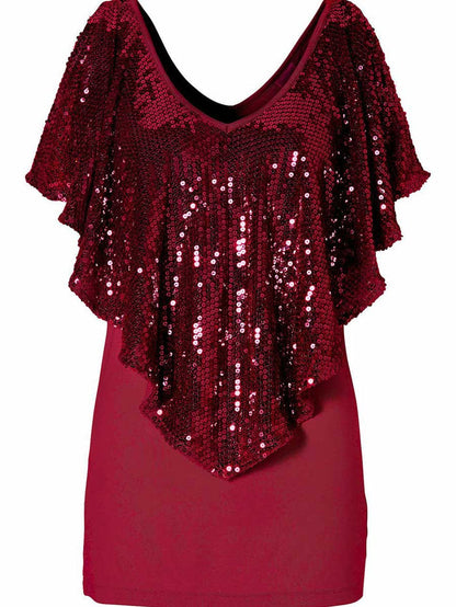 Sequin V-Neck Cape Sleeve T-Shirt