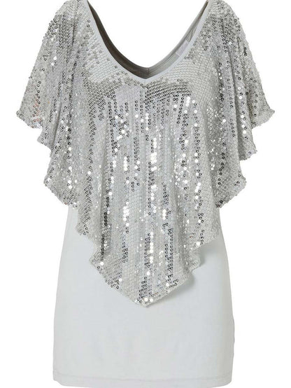 Sequin V-Neck Cape Sleeve T-Shirt