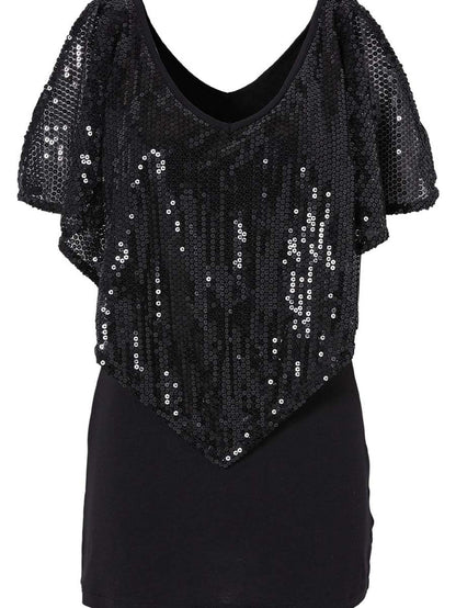 Sequin V-Neck Cape Sleeve T-Shirt