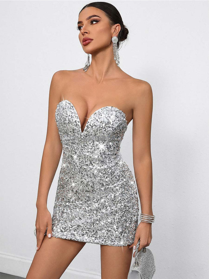 Sexy Deep V-Neck Strapless Bodycon Sequin Party Mini Dress
