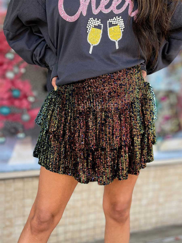 Sexy Solid Sequin Pleated Skirt