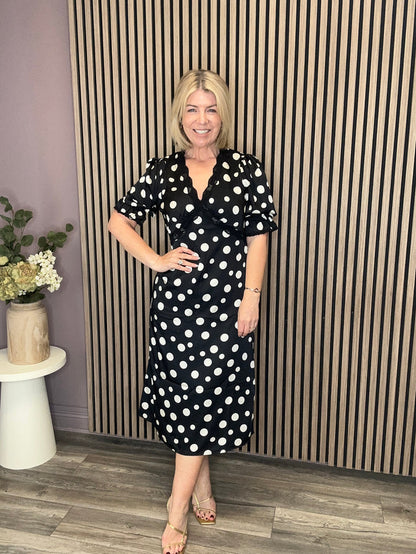 Sharon V-Neck Puff Sleeve Midi Dress (Black Polka)