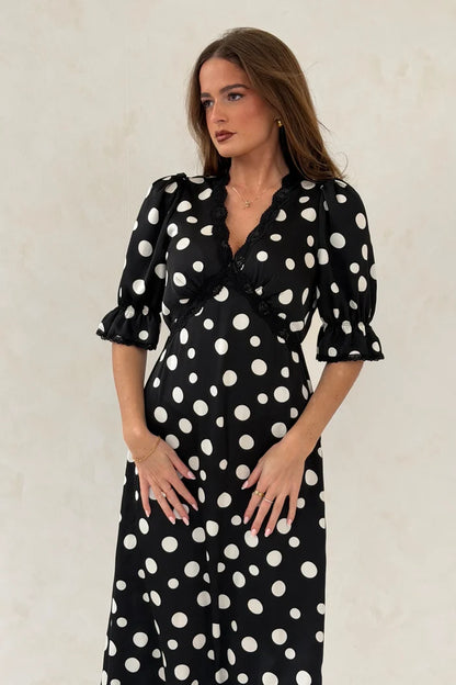 Sharon V-Neck Puff Sleeve Midi Dress (Black Polka)