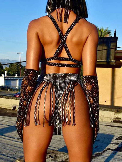 Shiny Wrap Belt Skirt - Black Rhinestone Tassel Skirt