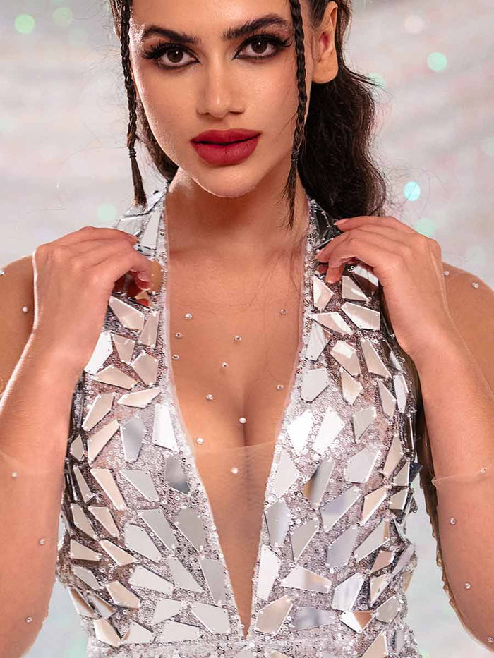 Silver Glitter Mini Dress â€?Silver Mirrored Sequin Dress