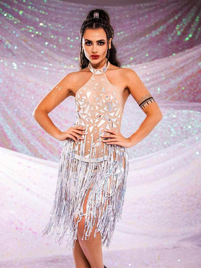 Silver Mirror Dress - Sequin Fringe Rhinestone Dress