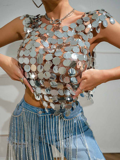 Silver Sequin Chainmail Patchwork Tank Top