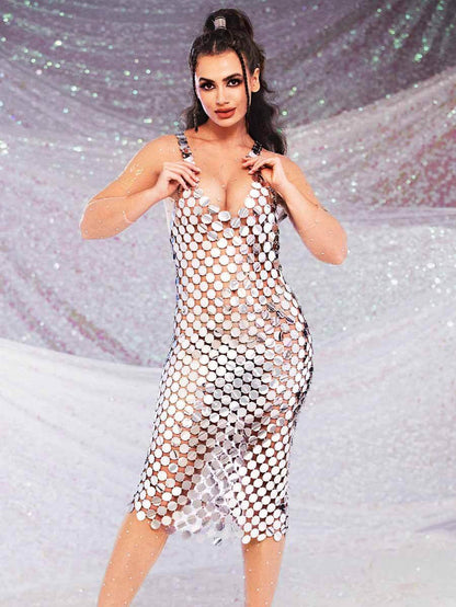 Silver Sequin Midi Dress - V-Neck Strappy Chainmail Dress