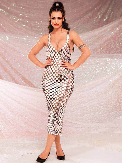 Silver Sequin Midi Dress - V-Neck Strappy Chainmail Dress