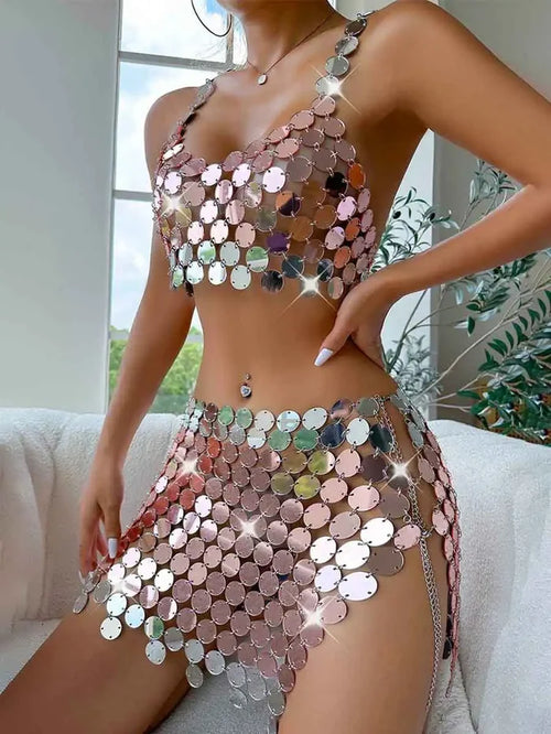 Silver Sequin Skirt Suit - Short Camisole Bra + Short Skirt