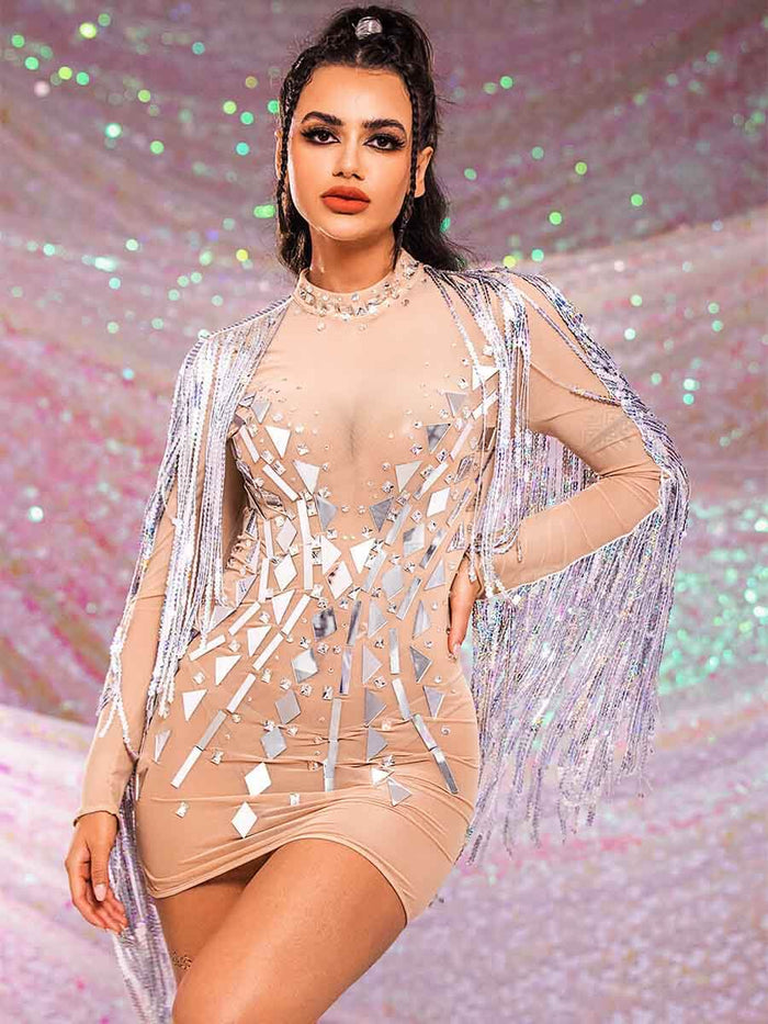 Silver Sequin Tassel Mini Dress - Mirror Dress With Rhinestones