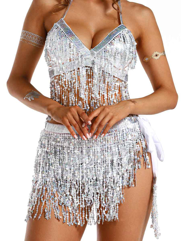Silver Sequin Tassel Two-Piece Set