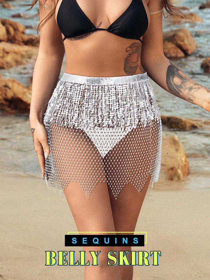 Silver Sequin Tasseled Rhinestone Fishnet Skirt
