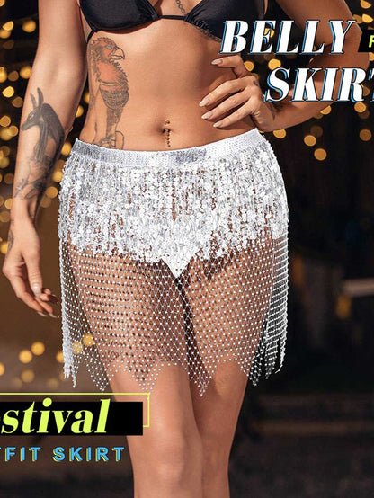 Silver Sequin Tasseled Rhinestone Fishnet Skirt