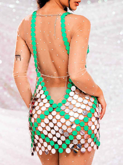 Silver Sparkly Mini Dress - Embellished Green Sequin Dress