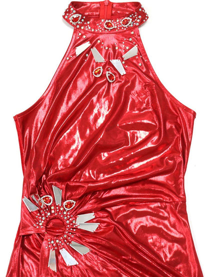 Sleeveless High-Slit Solid Color Rhinestone Reflective Dress