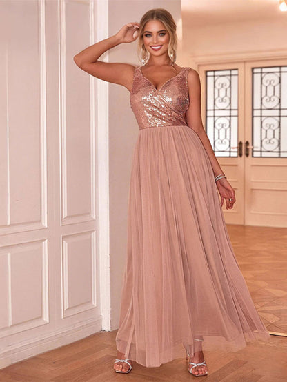 Sleeveless V-Neck Sequin Chiffon Patchwork Evening Gown
