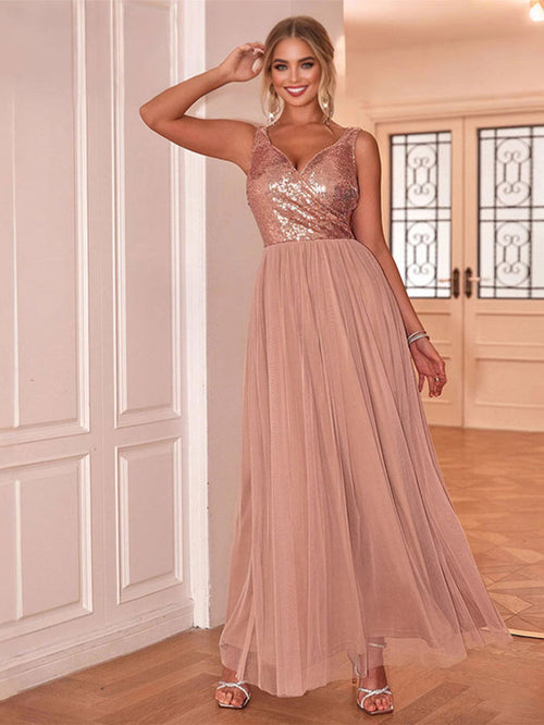 Sleeveless V-Neck Sequin Chiffon Patchwork Evening Gown