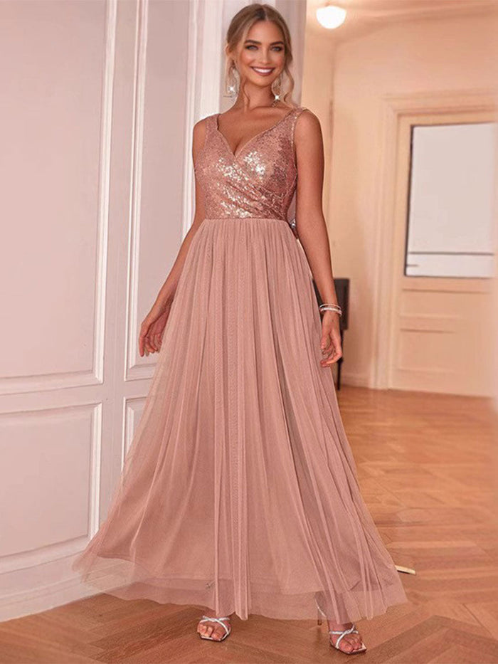 Sleeveless V-Neck Sequin Chiffon Patchwork Evening Gown