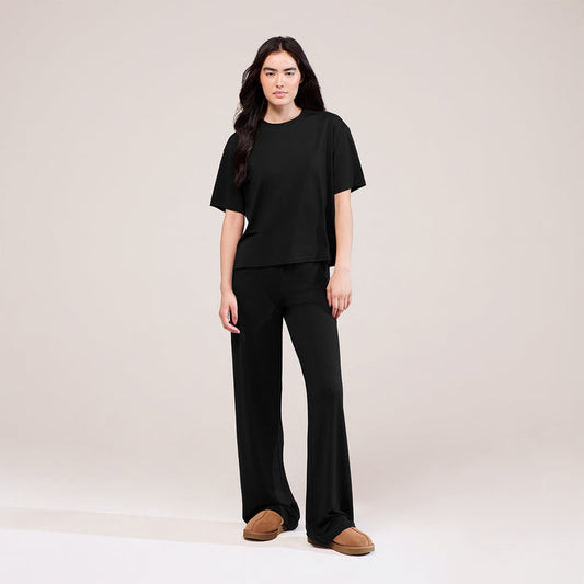 Soft Touch Wide Leg Lounge Set - Black