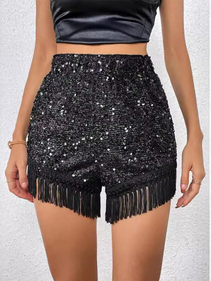 Solid Glitter Fringe Hem Shorts