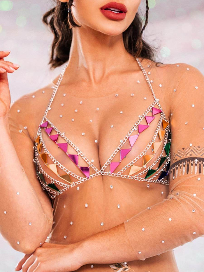Sparkly Bra Top â€?Triangular Sequin Metal Chain Bra