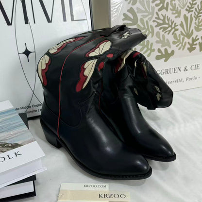Square-root embroidered high-heeled boots