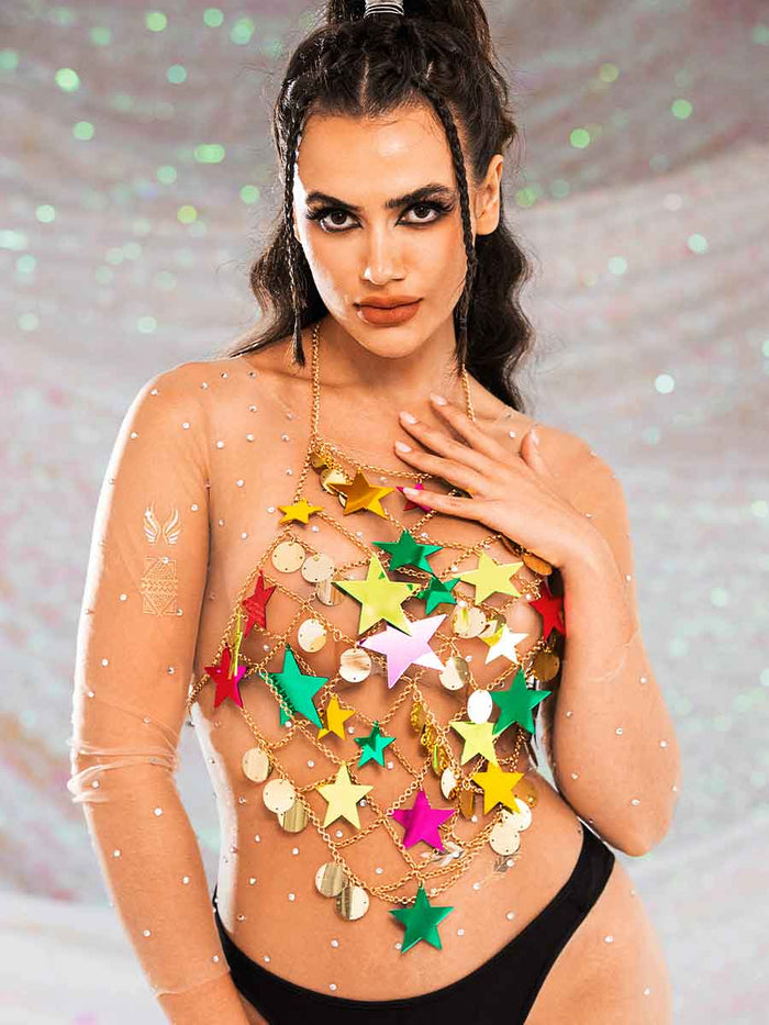 Star Sequin Top - Gold Metal Chain Round Sequin Top