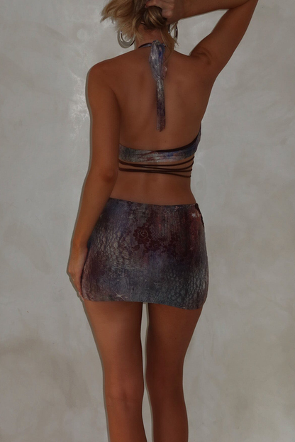 Starry Sky Pattern Halter Crop Top Mini Skirt 2pcs Set Purple