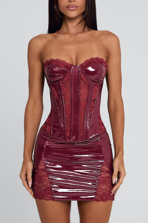 Strapless Cinch Waist Lace Slim Fit Party Mini Dresses-Red Pre Order