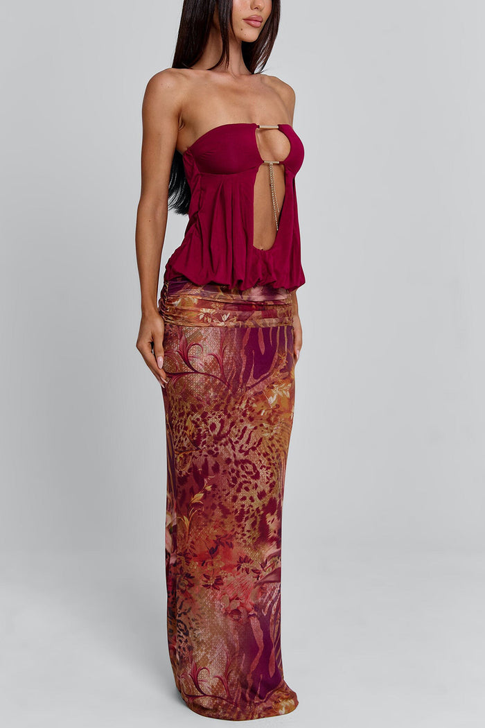 Strapless Party Velvet Cut Out Top Print Maxi Skirt 2pcs Set-Red Pre Order
