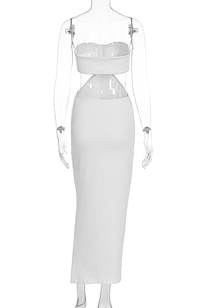 Strapless Waist Cutout Backless Solid Color Slim Fit Slit Maxi Dresses-White