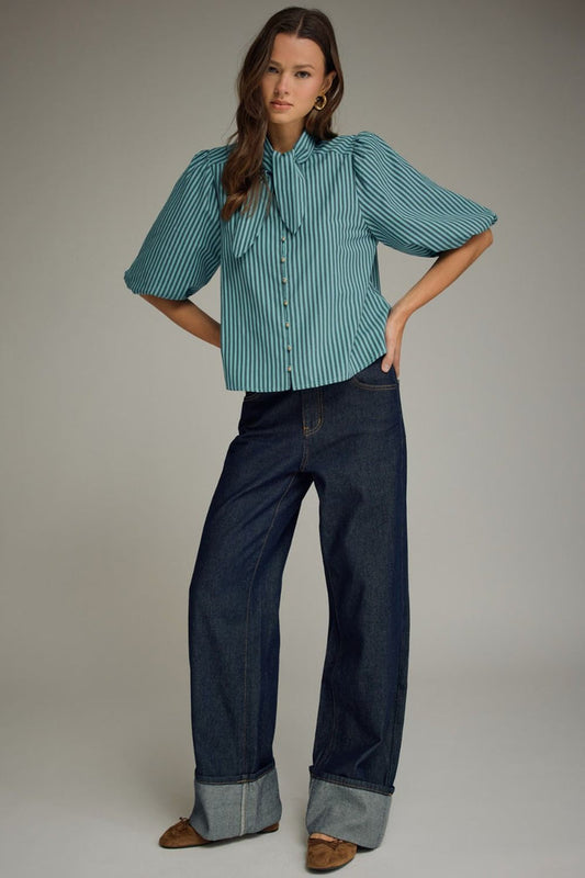 Stripe Self-Tie Short Sleeve Top in Blue