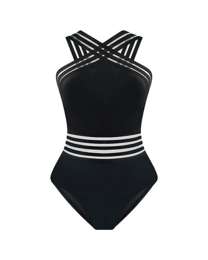 Striped Mesh Insert Cross-Over Halter Neck Swimsuit