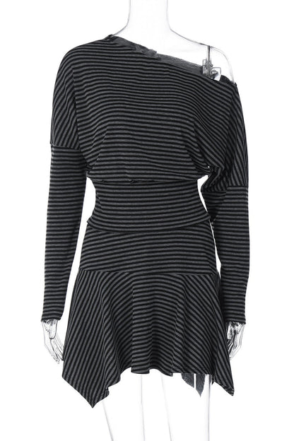 Striped Print Off Shoulder Long Sleeve Top Irregular Mini Skirt Set-Grey