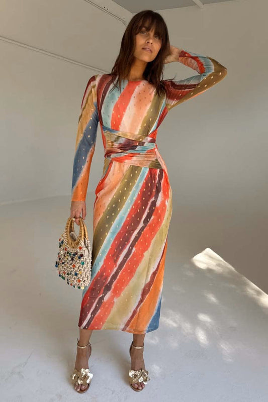 Sunset Stripe Mesh Midi Dress (Orange)