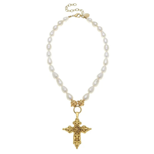 Susan Shaw Fleur Cross Pearl Necklace