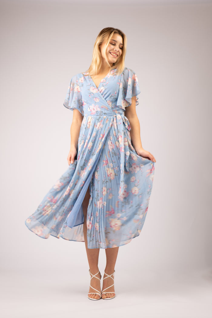 SUZI PLEATED LONG WRAP DRESS (BLUE)