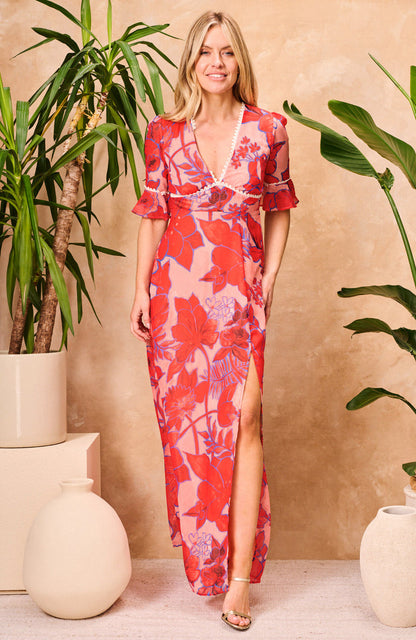 The Amaya Frill Sleeve Open Back Maxi Dress (Red)