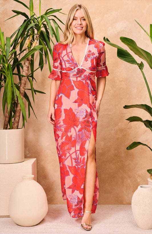 The Amaya Frill Sleeve Open Back Maxi Dress (Red)