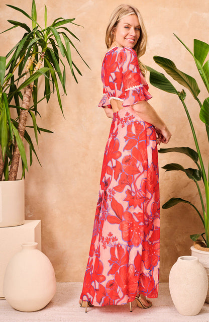 The Amaya Frill Sleeve Open Back Maxi Dress (Red)
